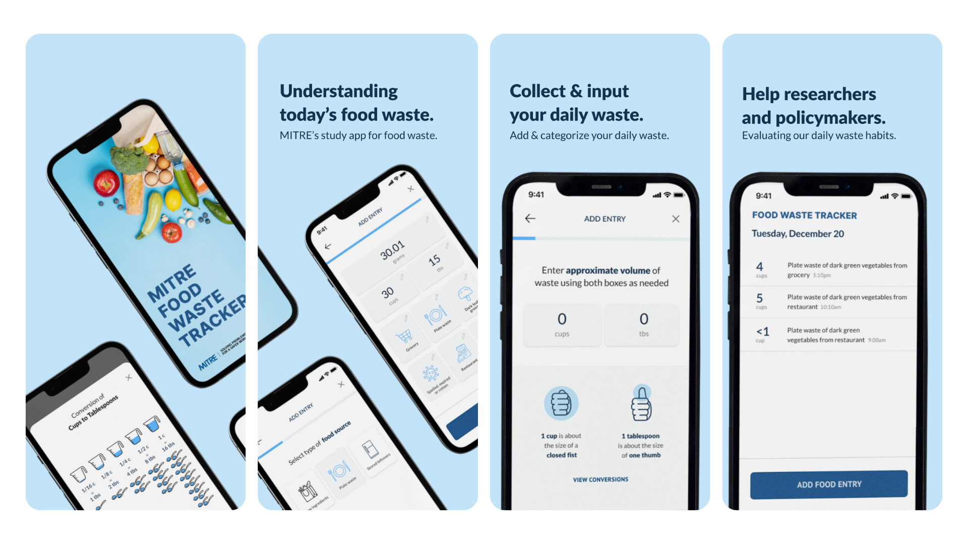 Screen captures from the MITRE Food Waste Tracker app